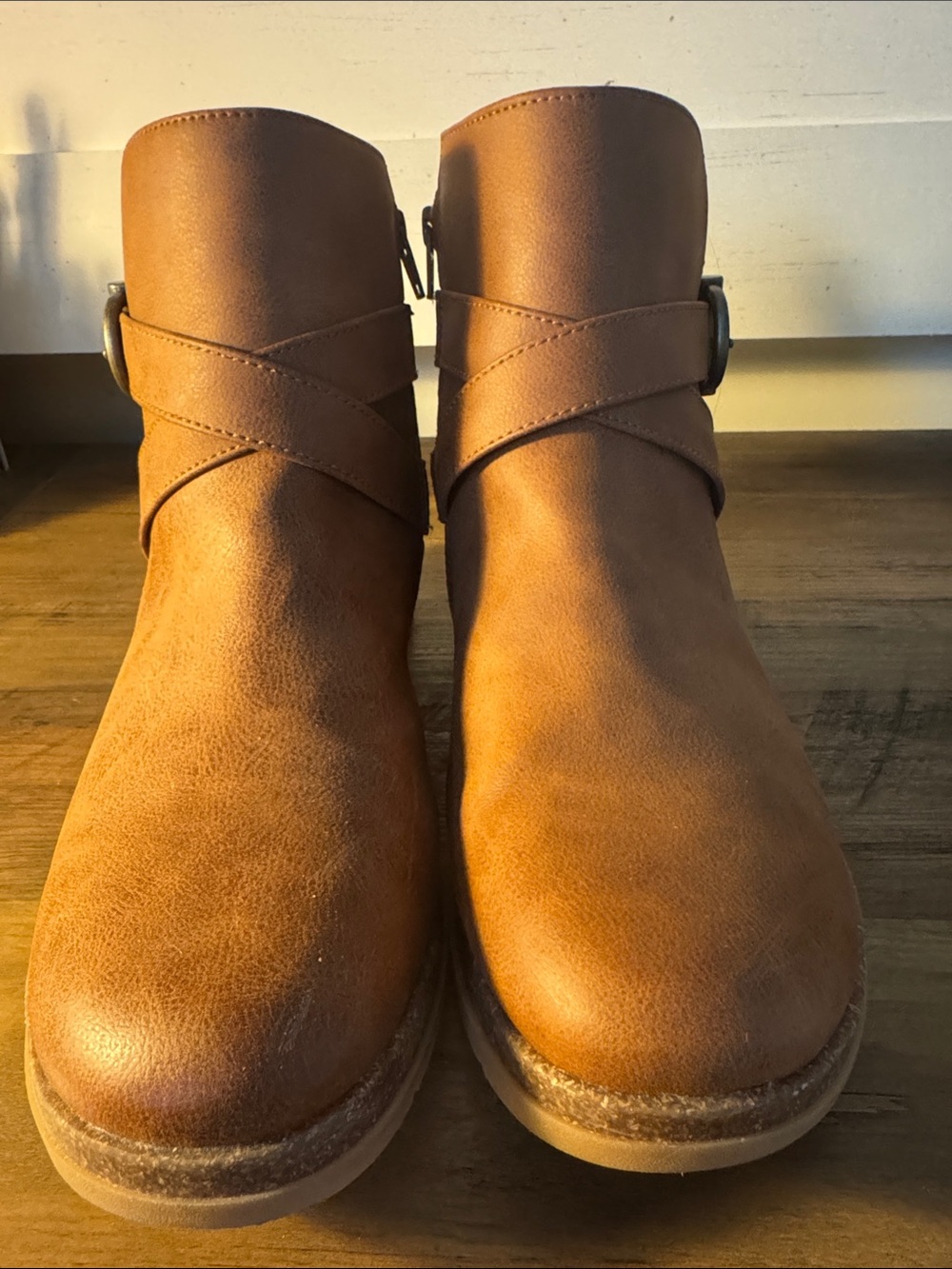 Women's Tan Cross-Strap Ankle Booties - Casual Everyday Style